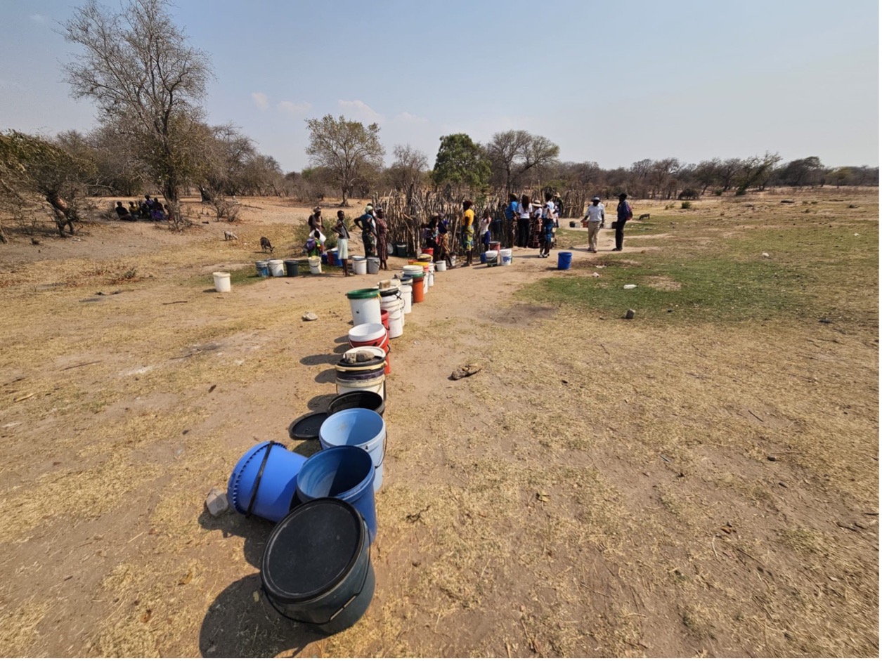 Dozens of large buckets in a single line with a group of people gathered in the background in a queue for water.